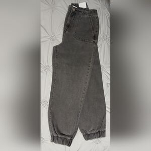 Women's grey denim jeans with elastic waist & cuffs